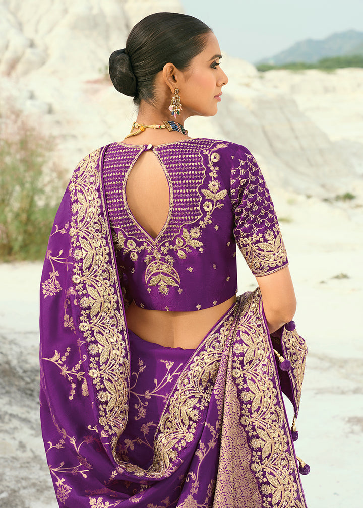 Buy Purple Dola ViscoseTraditional Embroidered Saree Online in US, UK, Canada, France, Germany, Denmark, Netherlands, Sweden, Greece & Worldwide at Empress.