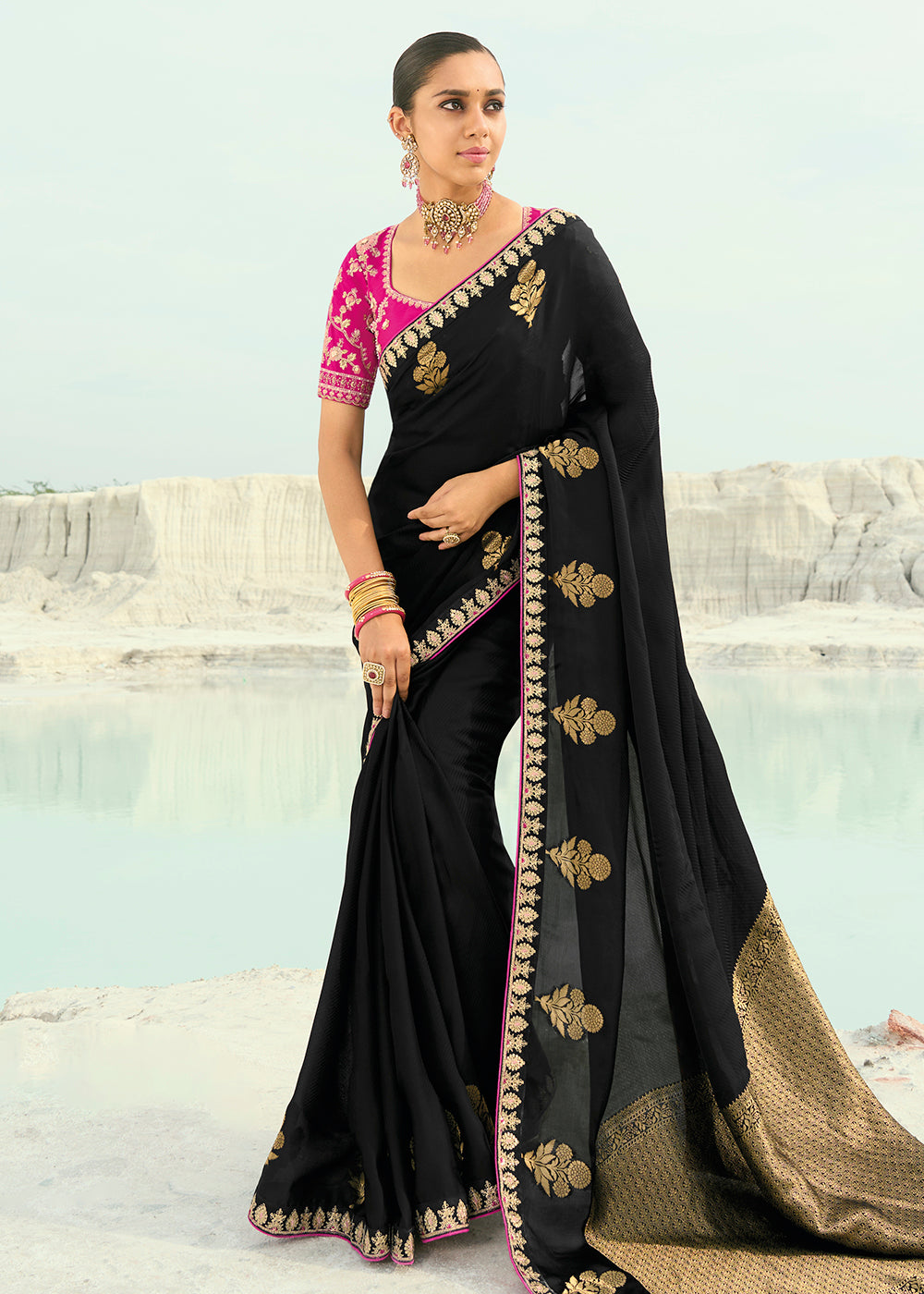Buy Black Viscose Organza Traditional Embroidered Saree Online in US, UK, Canada, France, Germany, Denmark, Netherlands, Sweden, Greece & Worldwide at Empress.