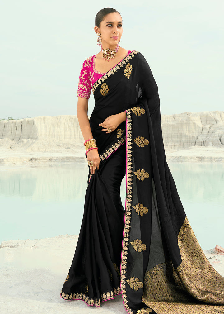 Buy Black Viscose Organza Traditional Embroidered Saree Online in US, UK, Canada, France, Germany, Denmark, Netherlands, Sweden, Greece & Worldwide at Empress.