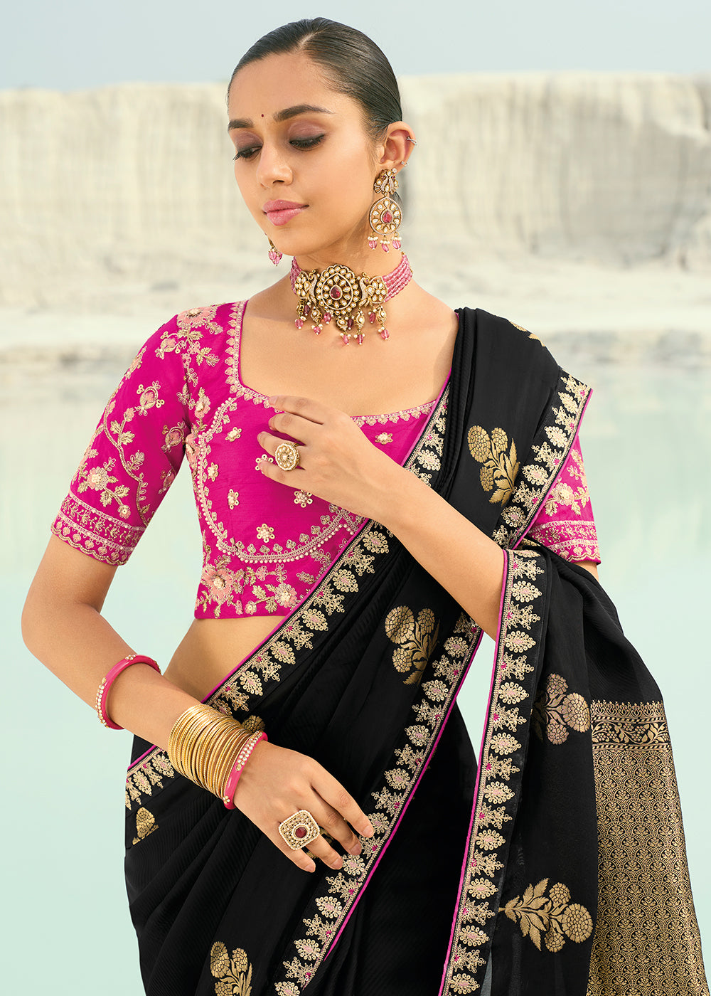 Buy Black Viscose Organza Traditional Embroidered Saree Online in US, UK, Canada, France, Germany, Denmark, Netherlands, Sweden, Greece & Worldwide at Empress.