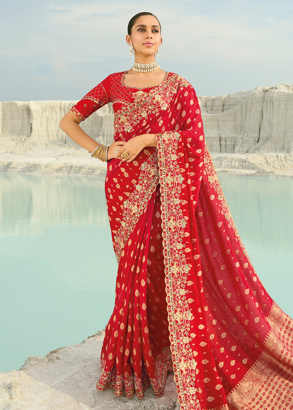 Buy Rani Red Dola ViscoseTraditional Embroidered Saree Online in US, UK, Canada, France, Germany, Denmark, Netherlands, Sweden, Greece & Worldwide at Empress.