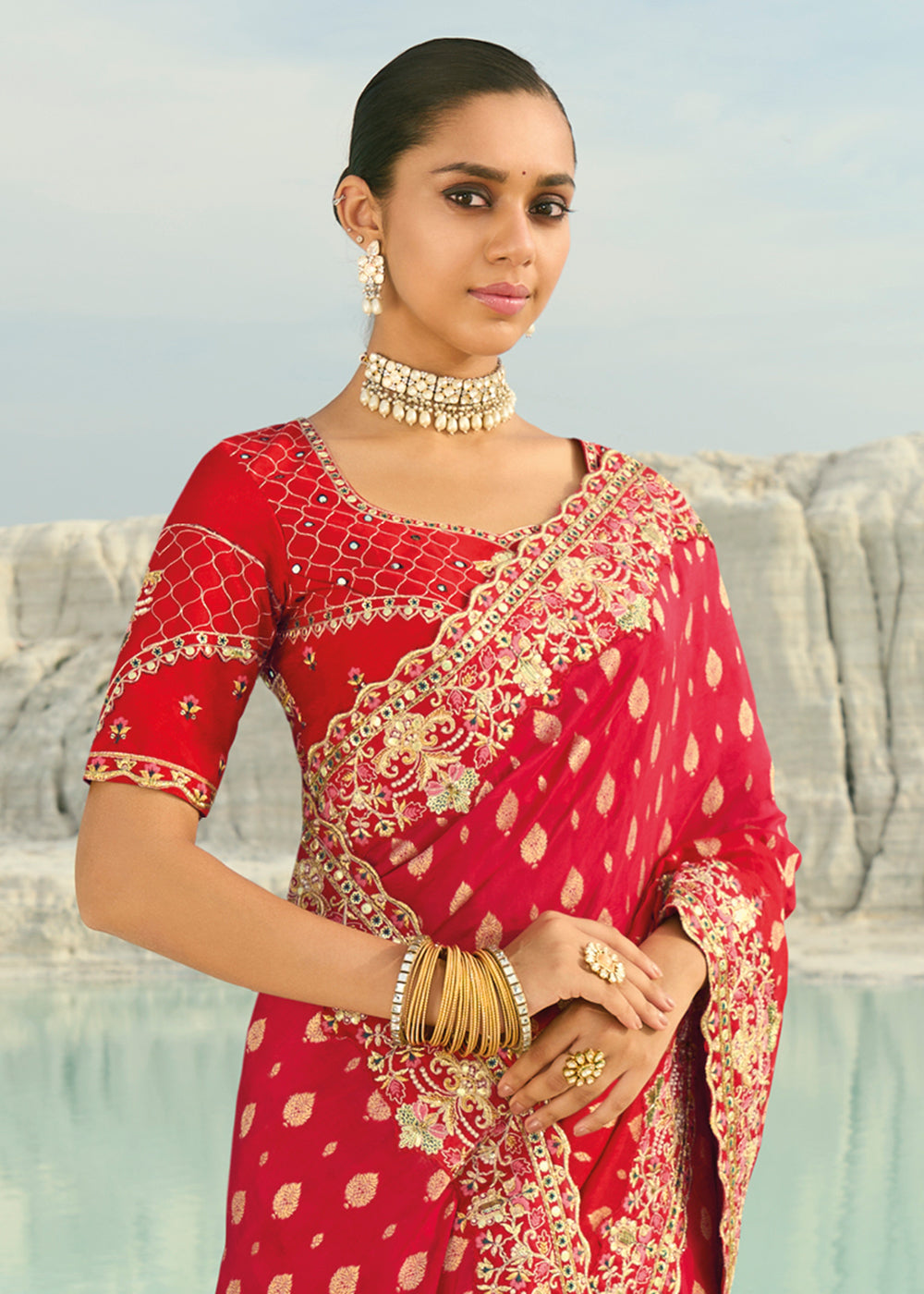 Buy Rani Red Dola ViscoseTraditional Embroidered Saree Online in US, UK, Canada, France, Germany, Denmark, Netherlands, Sweden, Greece & Worldwide at Empress.