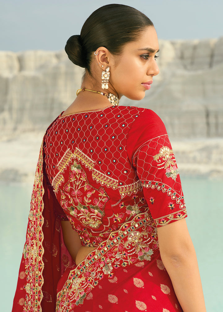 Buy Rani Red Dola ViscoseTraditional Embroidered Saree Online in US, UK, Canada, France, Germany, Denmark, Netherlands, Sweden, Greece & Worldwide at Empress.