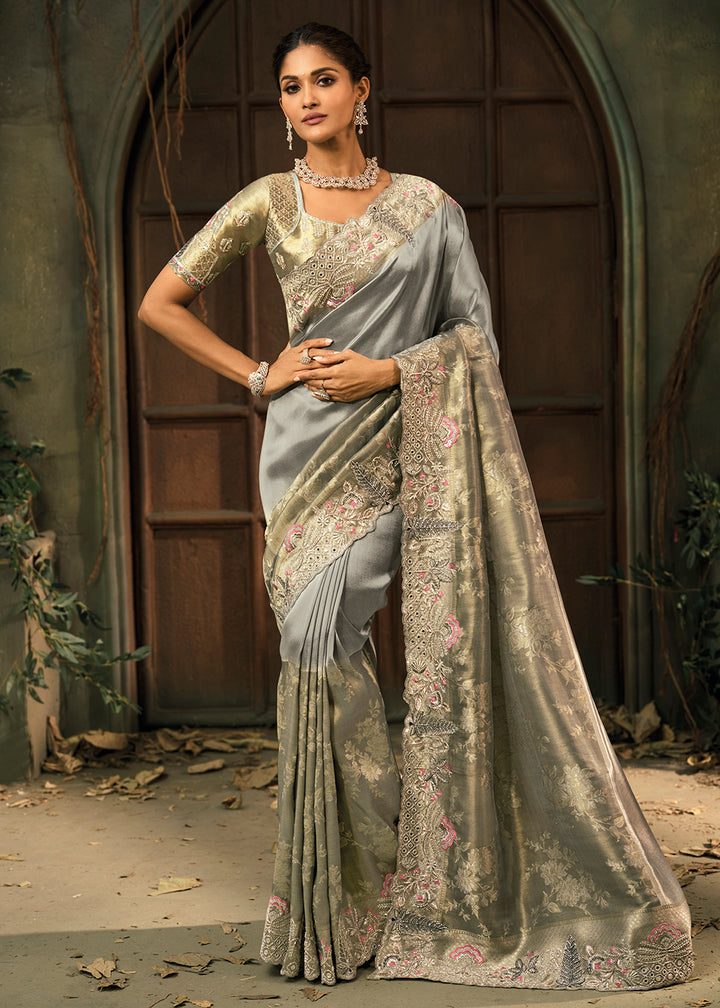 Buy Now Grey & Green Premium Quality Silk Designer Wear Saree Online in US, UK, Canada, France, Germany, Denmark, Netherlands, Sweden & Worldwide at Empress.