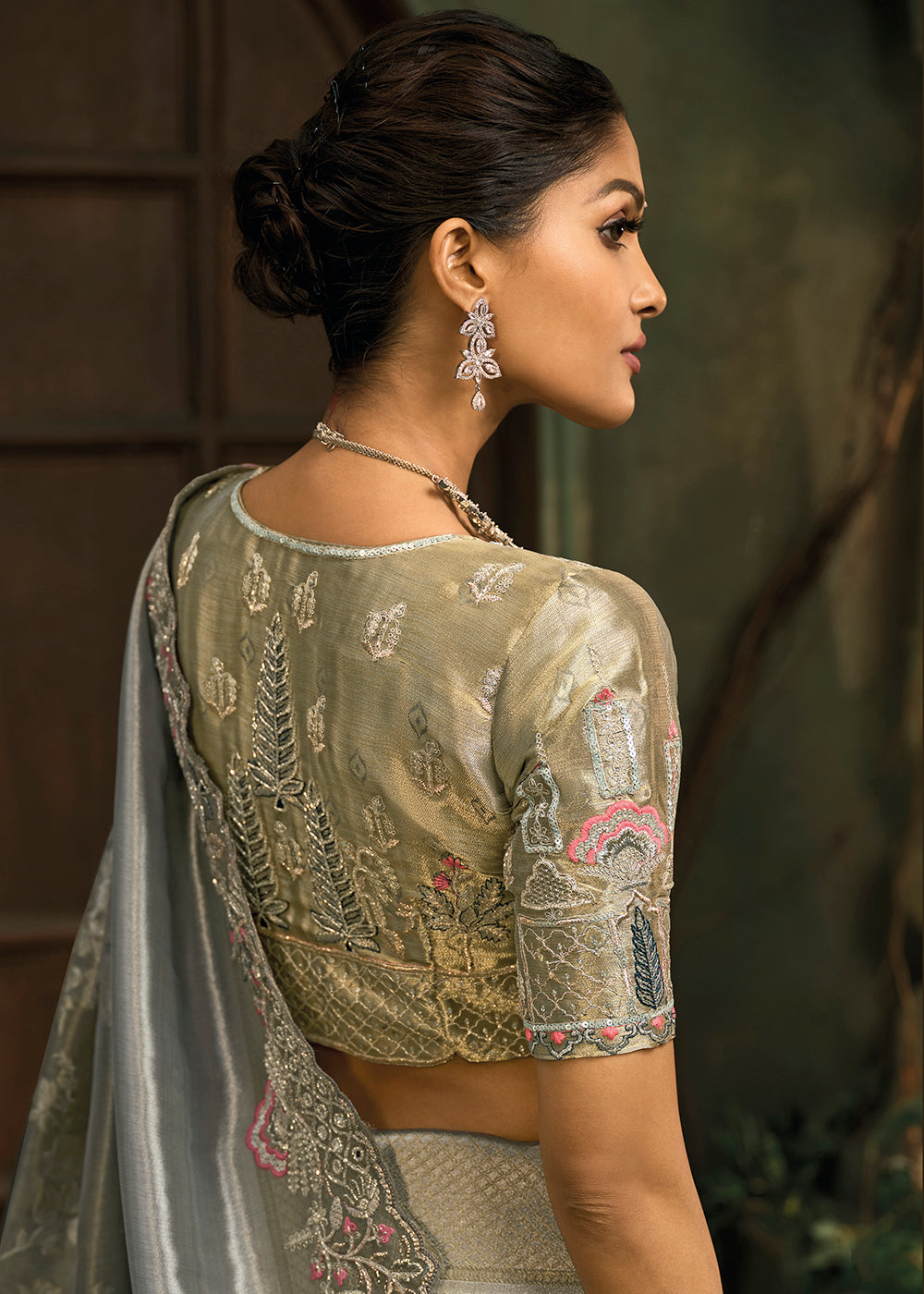 Buy Now Grey & Green Premium Quality Silk Designer Wear Saree Online in US, UK, Canada, France, Germany, Denmark, Netherlands, Sweden & Worldwide at Empress.