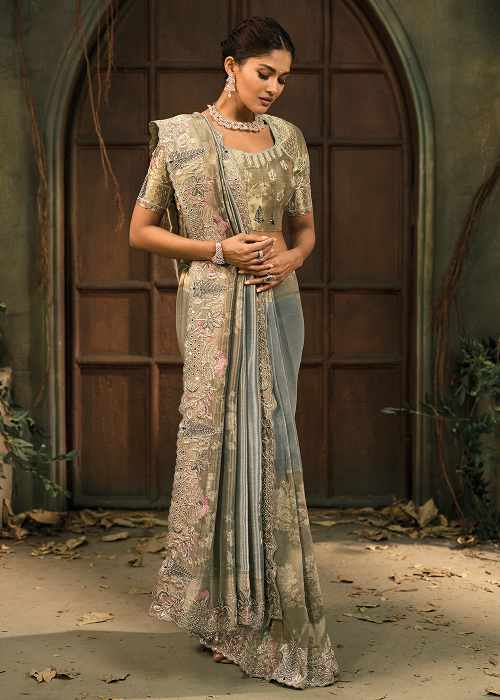 Buy Now Grey & Green Premium Quality Silk Designer Wear Saree Online in US, UK, Canada, France, Germany, Denmark, Netherlands, Sweden & Worldwide at Empress.