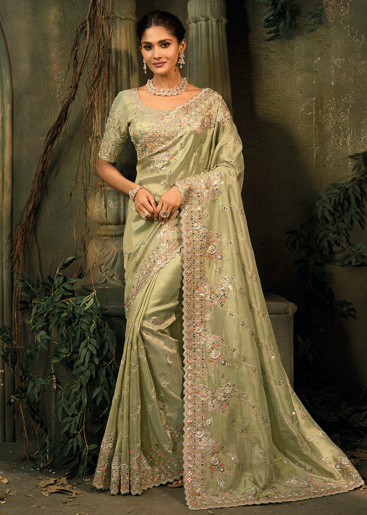Buy Now Mehndi Green Premium Quality Silk Designer Wear Saree Online in US, UK, Canada, France, Germany, Denmark, Netherlands, Sweden & Worldwide at Empress.