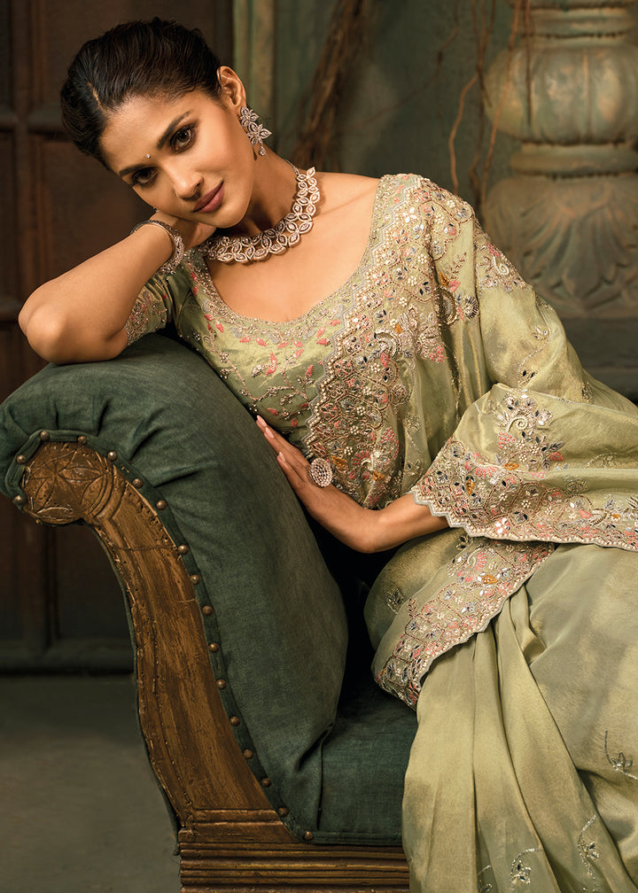 Buy Now Mehndi Green Premium Quality Silk Designer Wear Saree Online in US, UK, Canada, France, Germany, Denmark, Netherlands, Sweden & Worldwide at Empress.