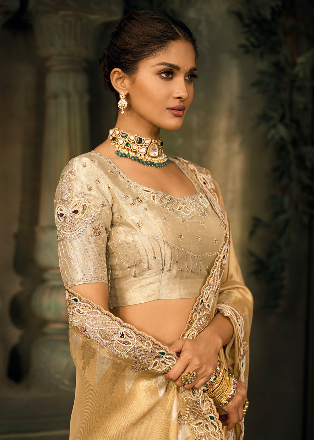 Buy Now Gold Beige Premium Quality Silk Designer Wear Saree Online in US, UK, Canada, France, Germany, Denmark, Netherlands, Sweden, UAE & Worldwide at Empress.