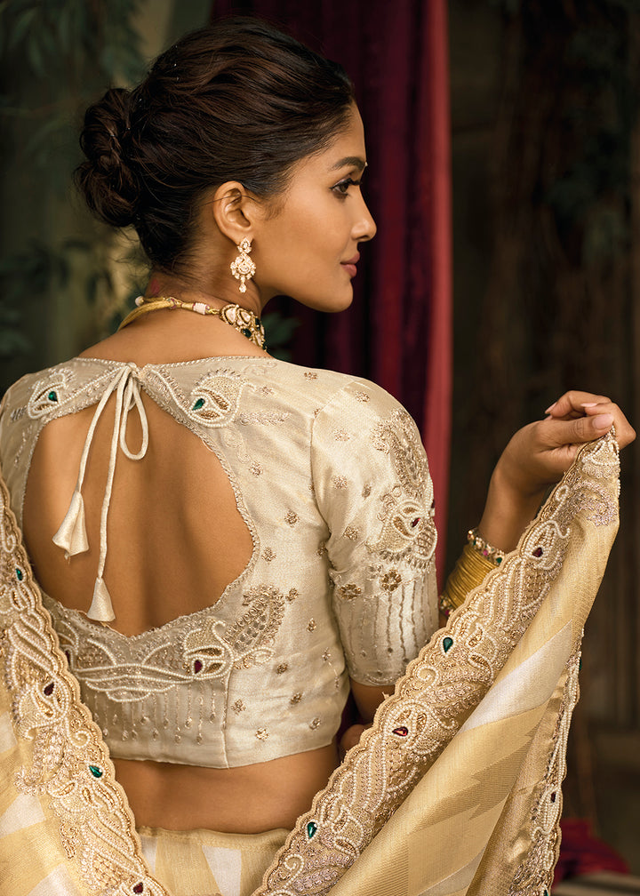 Buy Now Gold Beige Premium Quality Silk Designer Wear Saree Online in US, UK, Canada, France, Germany, Denmark, Netherlands, Sweden, UAE & Worldwide at Empress.