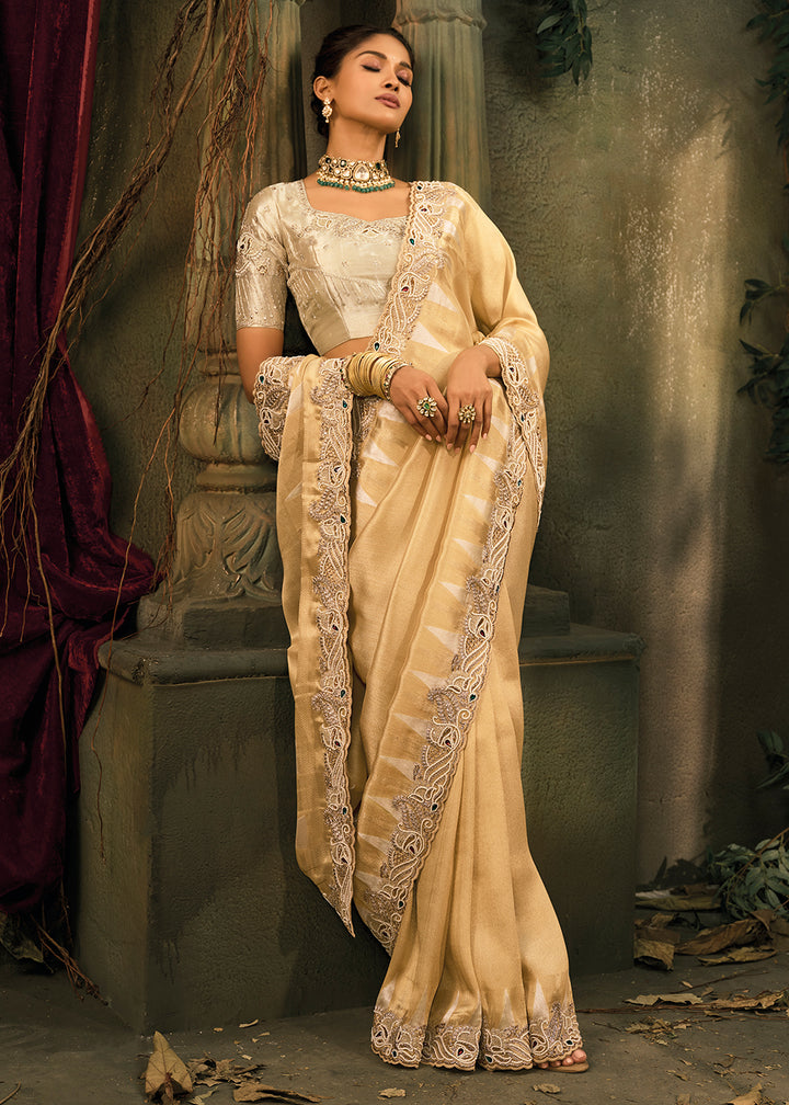 Buy Now Gold Beige Premium Quality Silk Designer Wear Saree Online in US, UK, Canada, France, Germany, Denmark, Netherlands, Sweden, UAE & Worldwide at Empress.