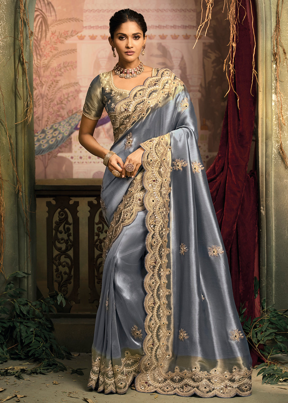 Buy Now Steel Blue Premium Quality Silk Designer Wear Saree Online in US, UK, Canada, France, Germany, Denmark, Netherlands, Sweden, UAE & Worldwide at Empress.