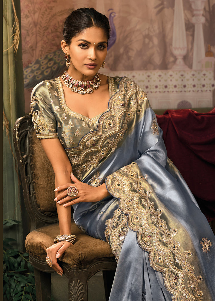 Buy Now Steel Blue Premium Quality Silk Designer Wear Saree Online in US, UK, Canada, France, Germany, Denmark, Netherlands, Sweden, UAE & Worldwide at Empress.