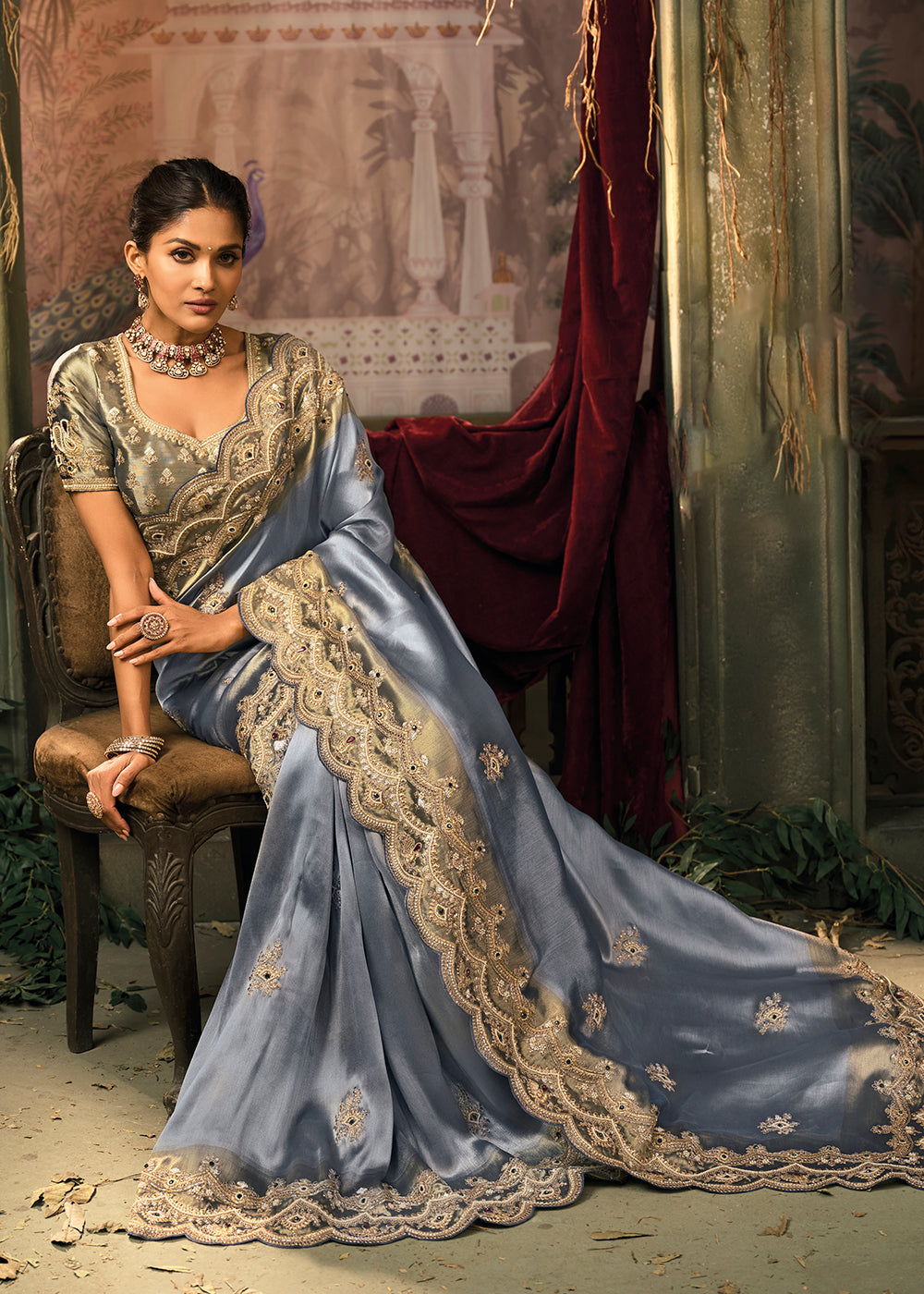 Buy Now Steel Blue Premium Quality Silk Designer Wear Saree Online in US, UK, Canada, France, Germany, Denmark, Netherlands, Sweden, UAE & Worldwide at Empress.
