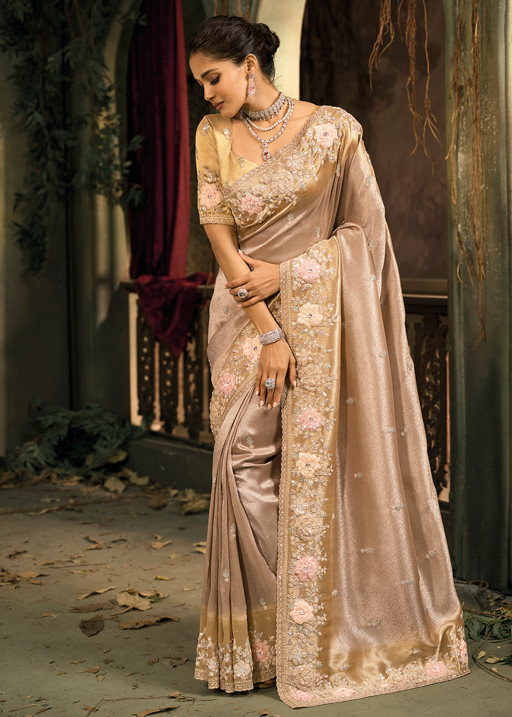 Buy Now Chiku Beige Premium Quality Silk Designer Wear Saree Online in US, UK, Canada, France, Germany, Denmark, Netherlands, Sweden, UAE & Worldwide at Empress
