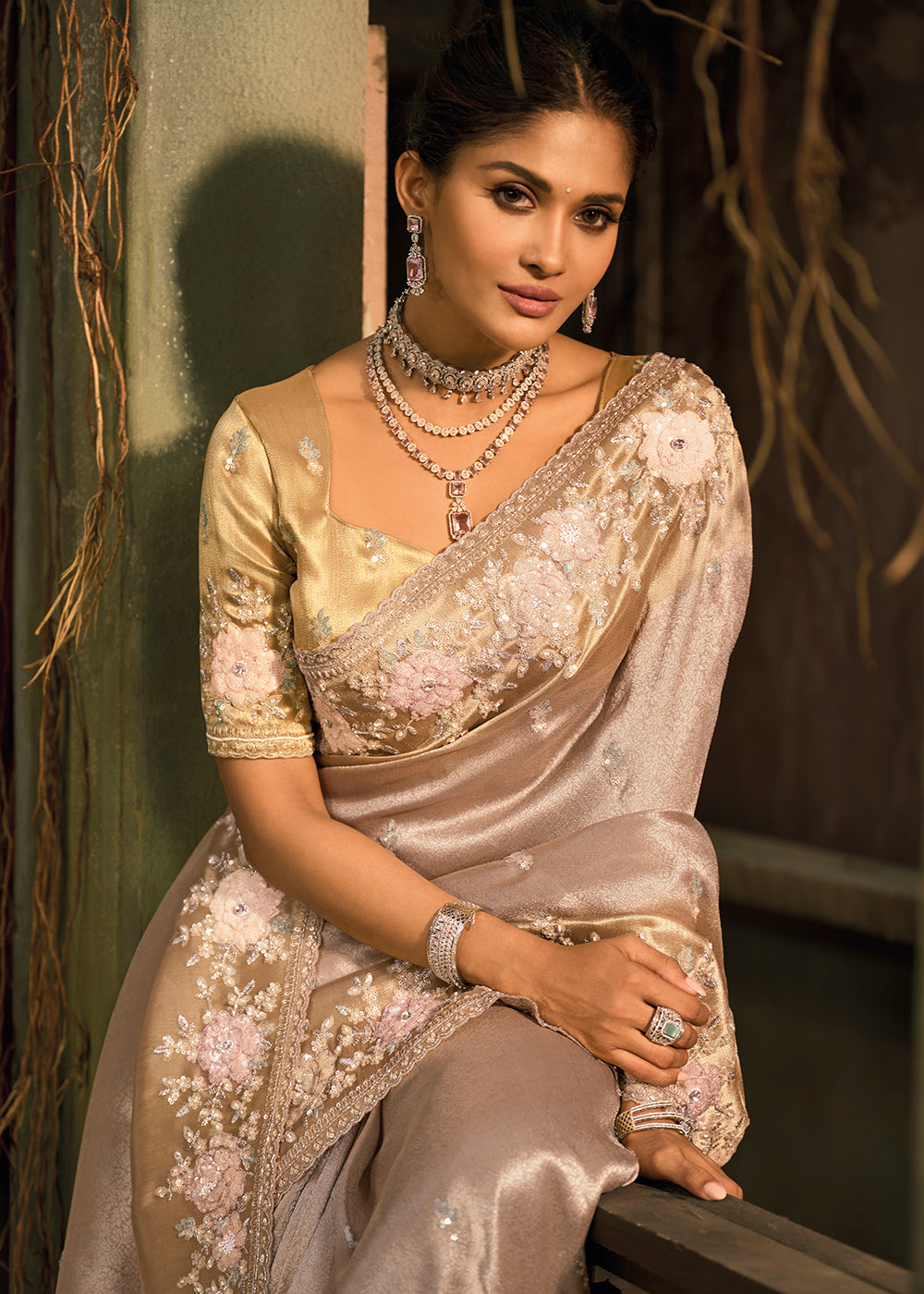 Buy Now Chiku Beige Premium Quality Silk Designer Wear Saree Online in US, UK, Canada, France, Germany, Denmark, Netherlands, Sweden, UAE & Worldwide at Empress