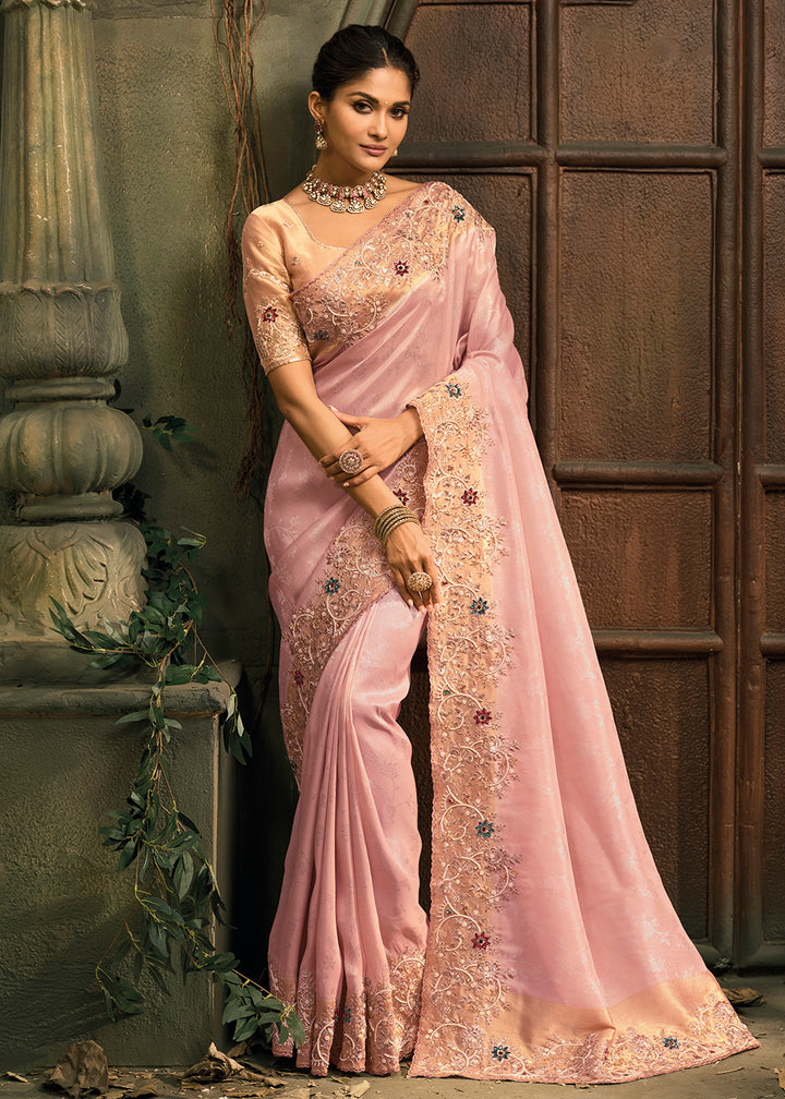 Buy Now Soft Pink Premium Quality Silk Designer Wear Saree Online in US, UK, Canada, France, Germany, Denmark, Netherlands, Sweden, UAE & Worldwide at Empress.