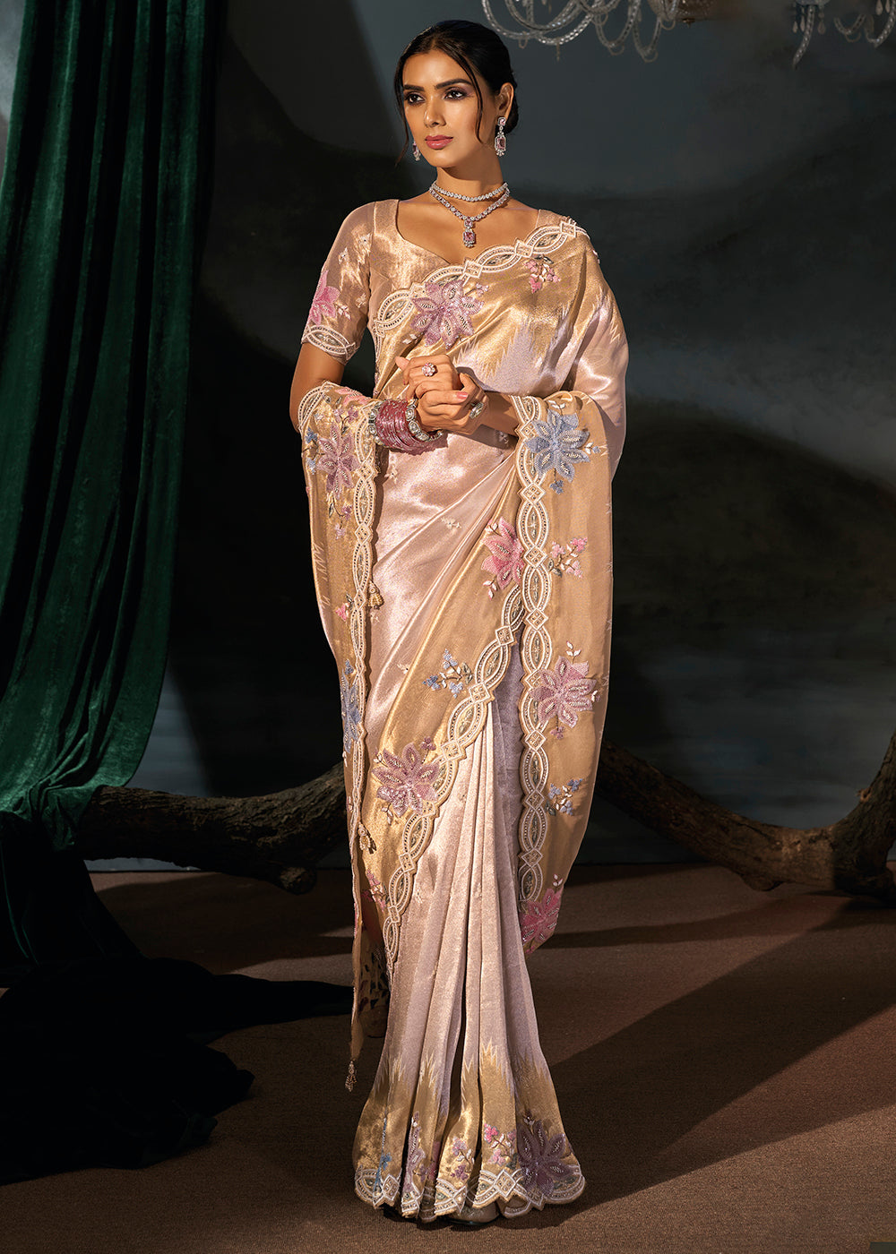 Buy Now Traditionally Beautiful Cream Wedding Festive Designer Saree Online in US, UK, Canada, France, Germany, Denmark, Sweden, Italy &amp; Worldwide at Empress.