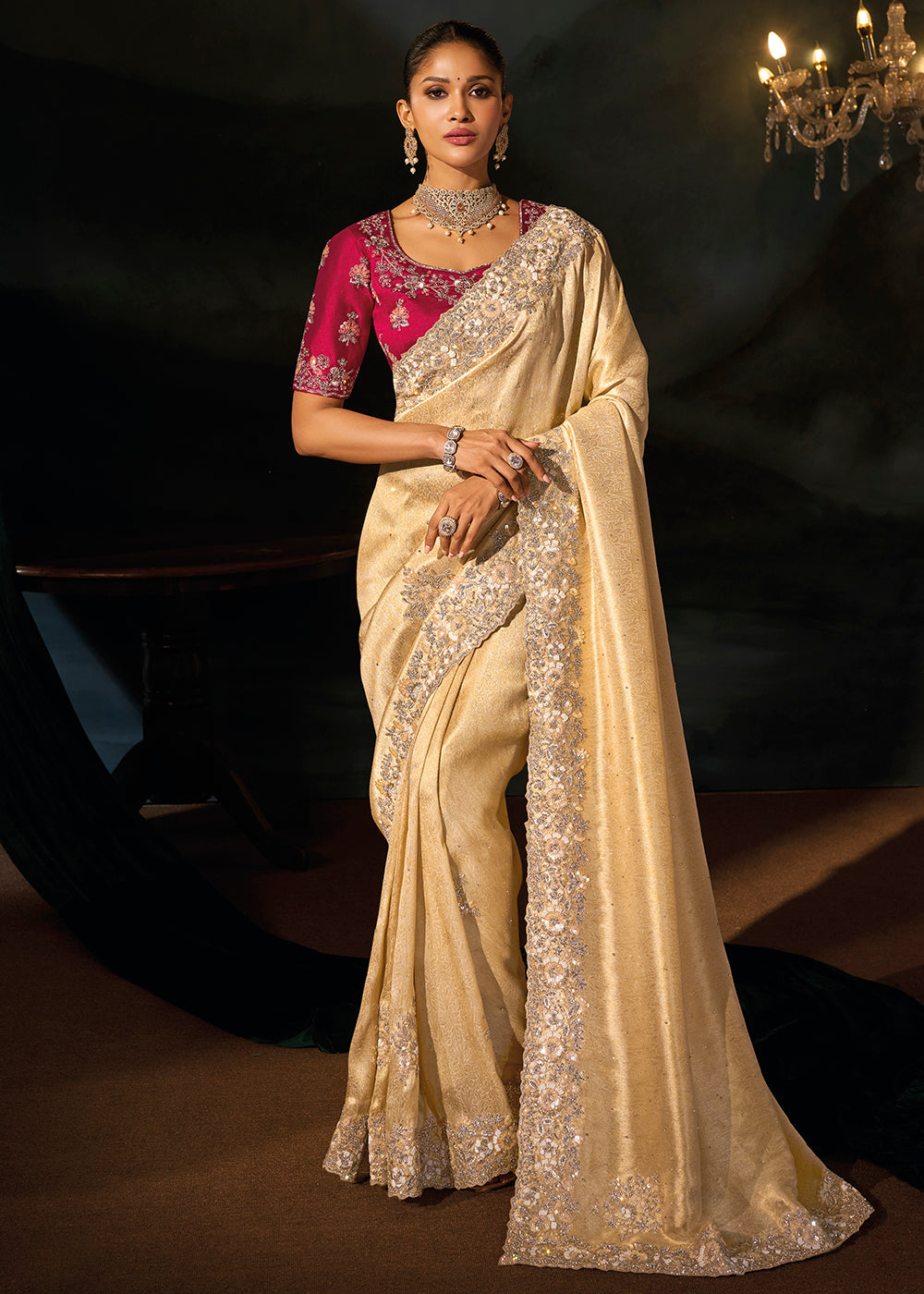 Buy Now Traditionally Beautiful Creamy Wedding Festive Designer Saree Online in US, UK, Canada, France, Germany, Denmark, Sweden, Italy & Worldwide at Empress.
