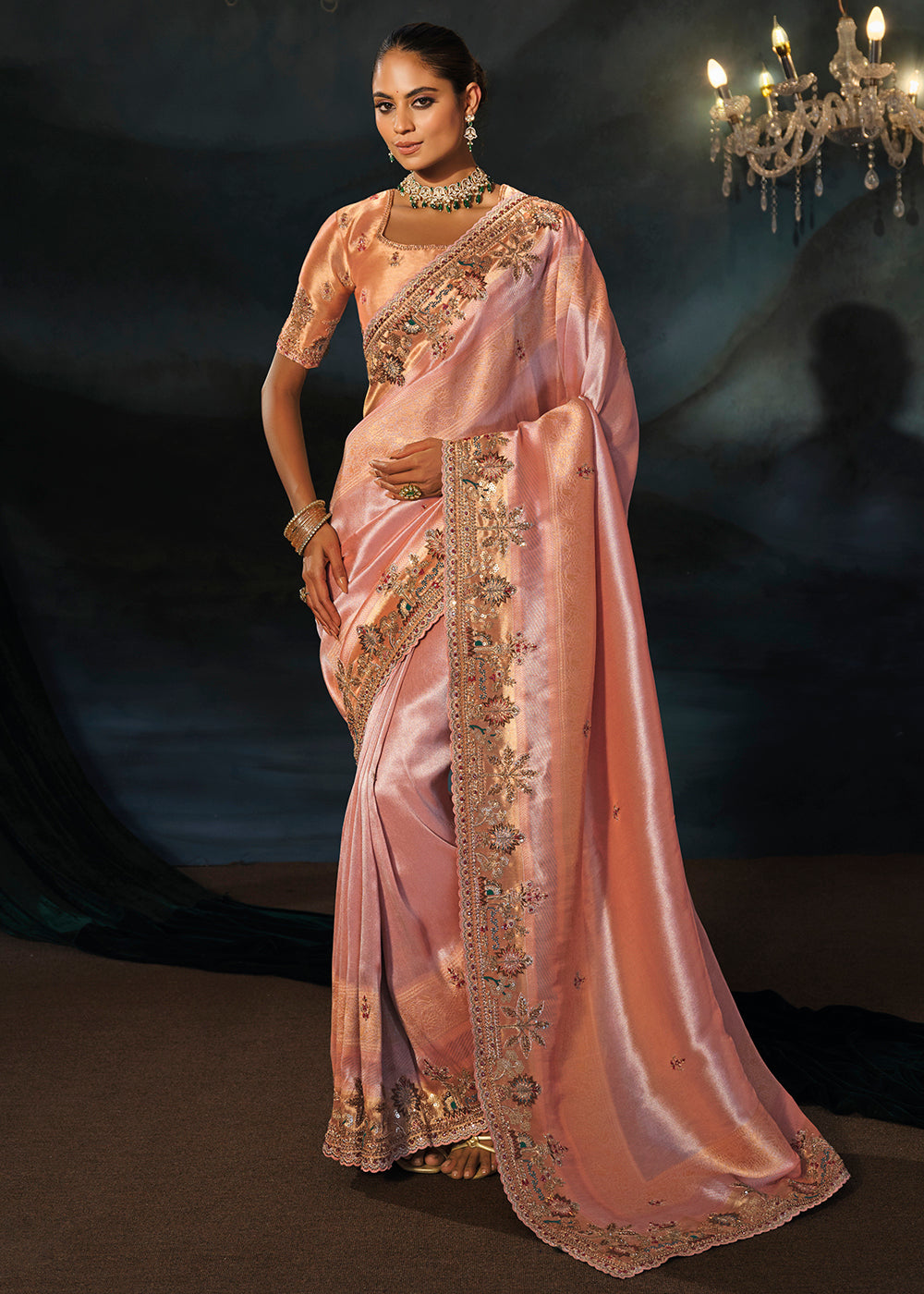 Buy Now Traditionally Beautiful Peach Wedding Festive Designer Saree Online in US, UK, Canada, France, Germany, Denmark, Sweden, Italy & Worldwide at Empress.