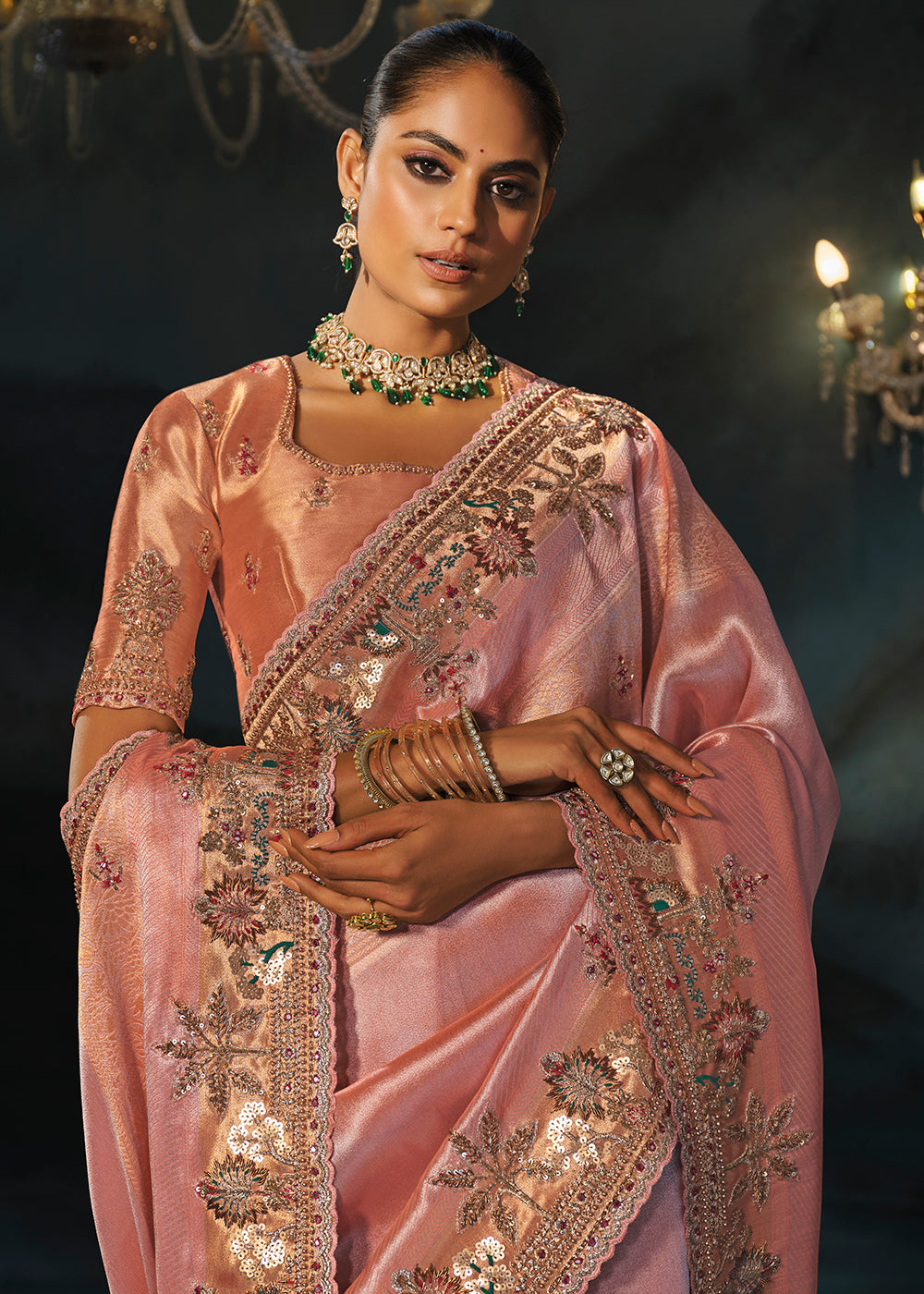 Buy Now Traditionally Beautiful Peach Wedding Festive Designer Saree Online in US, UK, Canada, France, Germany, Denmark, Sweden, Italy & Worldwide at Empress.