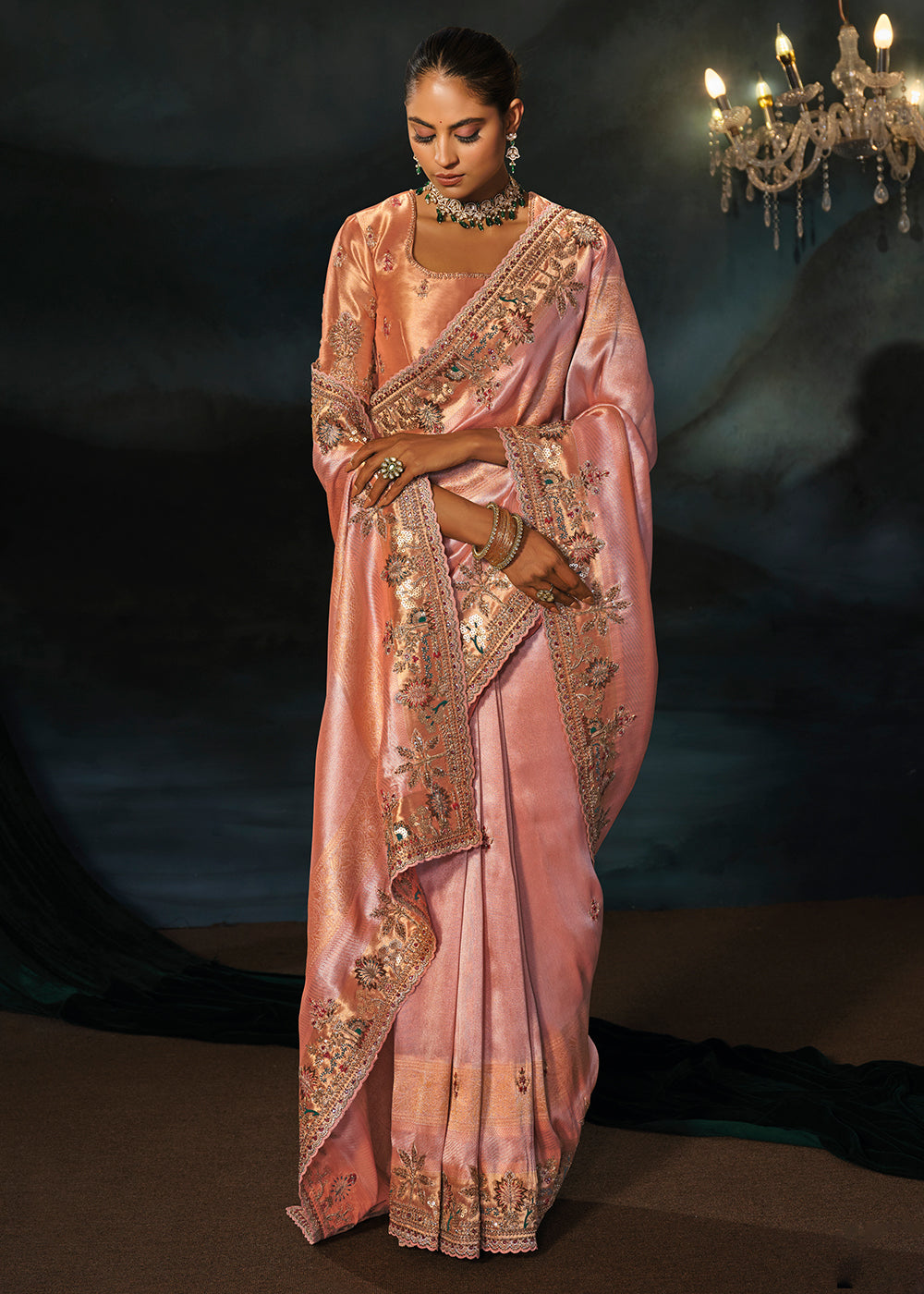 Buy Now Traditionally Beautiful Peach Wedding Festive Designer Saree Online in US, UK, Canada, France, Germany, Denmark, Sweden, Italy &amp; Worldwide at Empress.