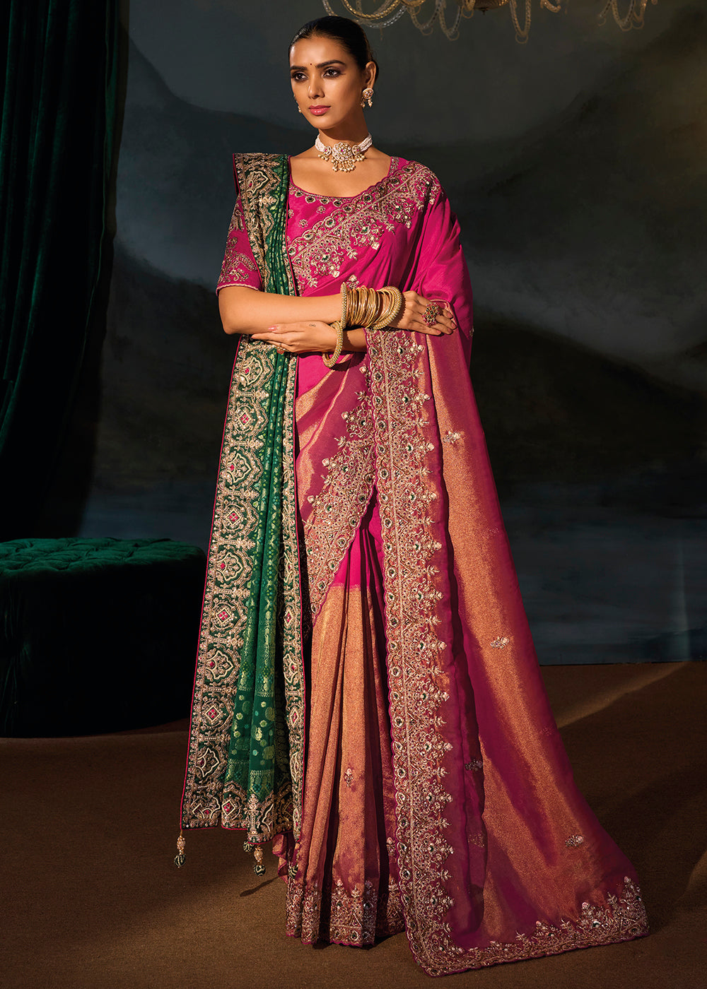 Buy Now Traditionally Beautiful Rani Wedding Festive Designer Saree Online in US, UK, Canada, France, Germany, Denmark, Sweden, Italy & Worldwide at Empress.
