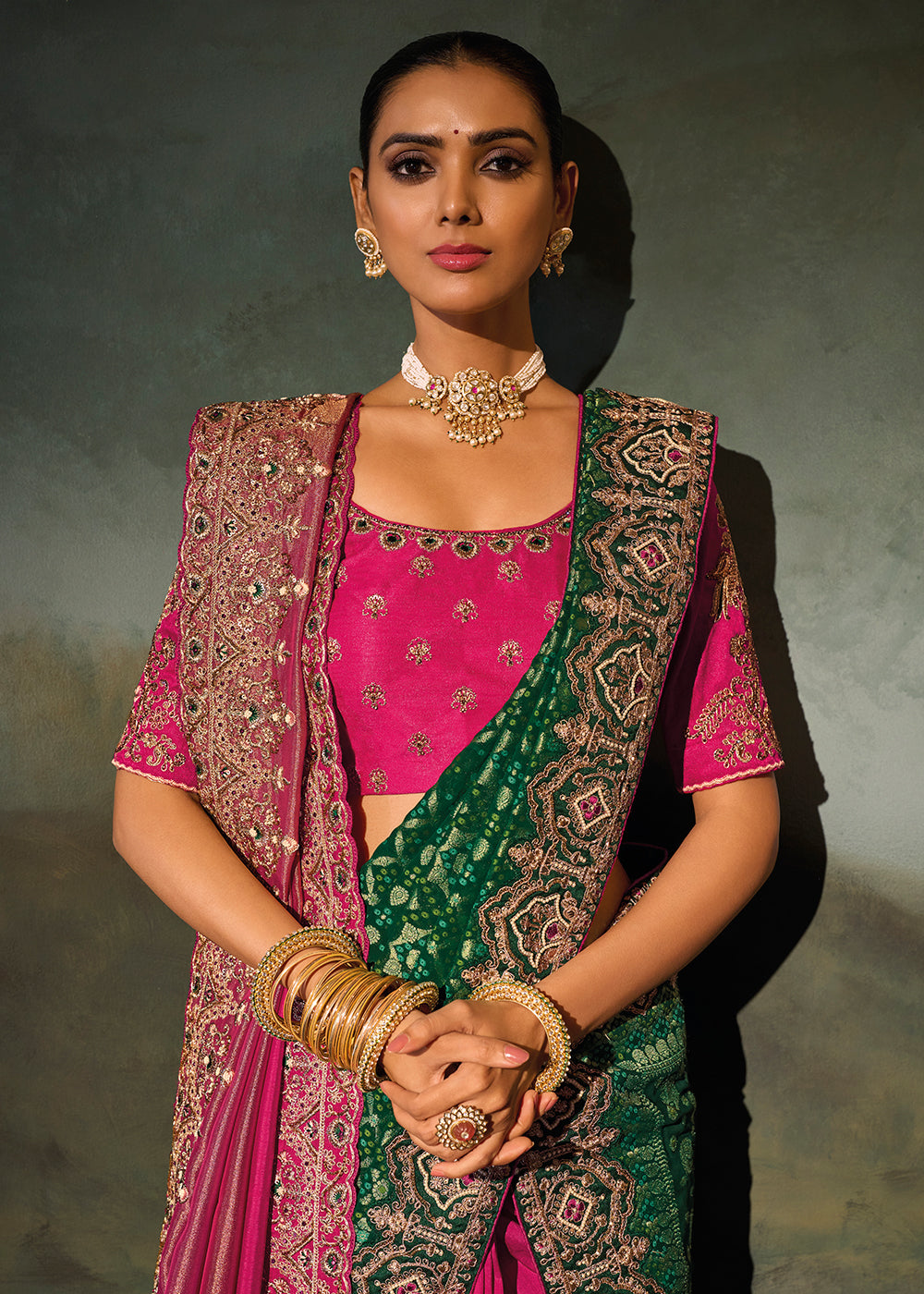 Buy Now Traditionally Beautiful Rani Wedding Festive Designer Saree Online in US, UK, Canada, France, Germany, Denmark, Sweden, Italy &amp; Worldwide at Empress.