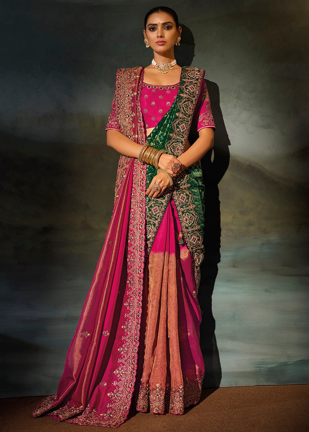 Buy Now Traditionally Beautiful Rani Wedding Festive Designer Saree Online in US, UK, Canada, France, Germany, Denmark, Sweden, Italy &amp; Worldwide at Empress.