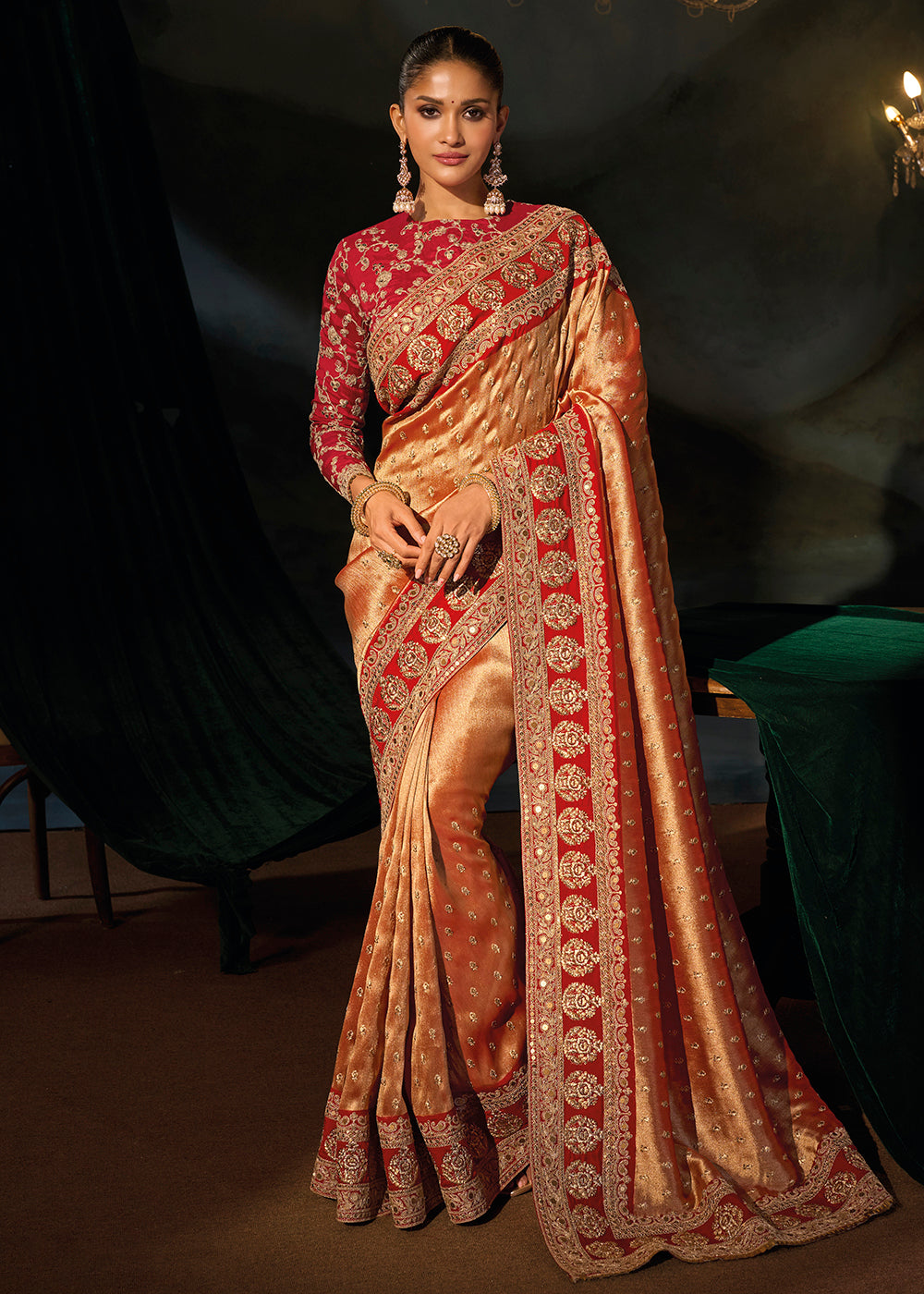 Buy Now Traditionally Beautiful Orange Red Wedding Festive Designer Saree Online in US, UK, Canada, France, Germany, Denmark, Sweden, Italy & Worldwide at Empress.