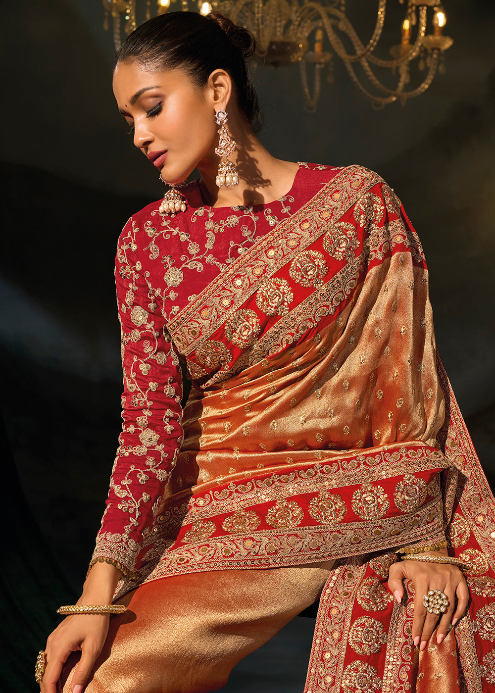 Buy Now Traditionally Beautiful Orange Red Wedding Festive Designer Saree Online in US, UK, Canada, France, Germany, Denmark, Sweden, Italy &amp; Worldwide at Empress.