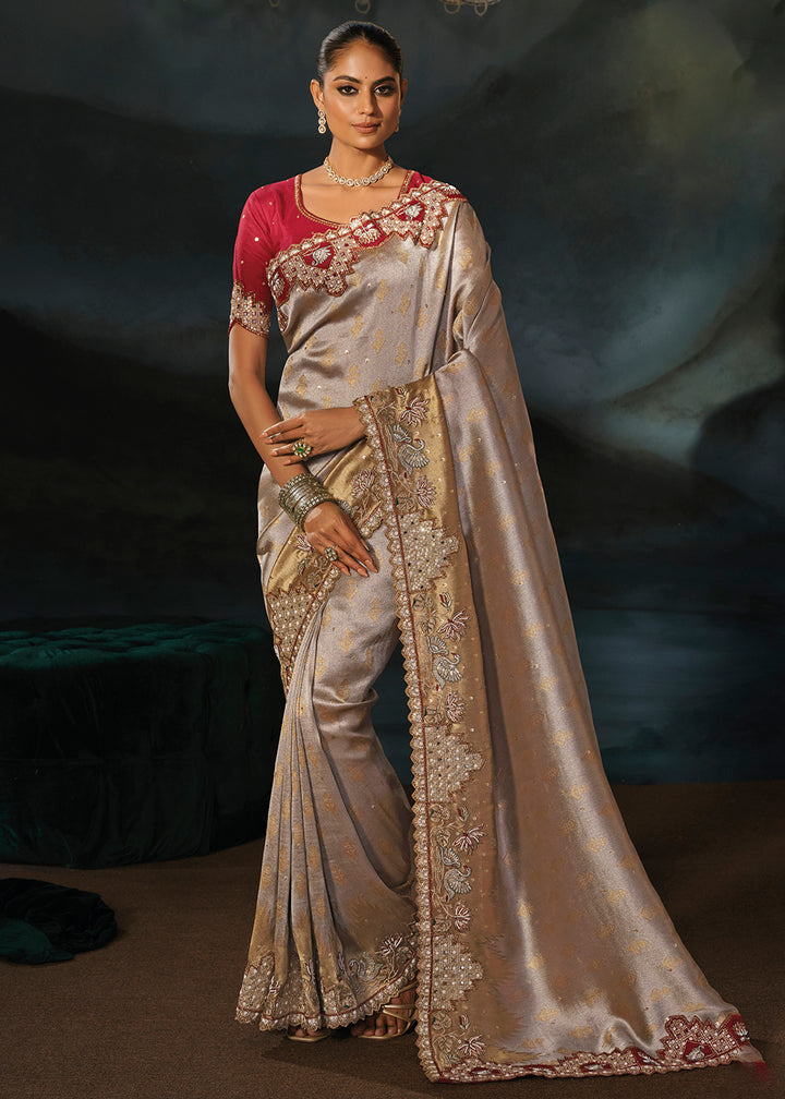 Buy Now Traditionally Beautiful Chiku Wedding Festive Designer Saree Online in US, UK, Canada, France, Germany, Denmark, Sweden, Italy &amp; Worldwide at Empress.