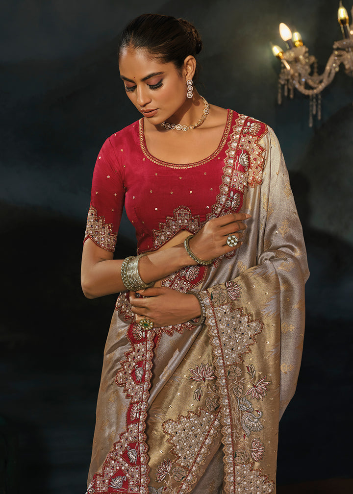 Buy Now Traditionally Beautiful Chiku Wedding Festive Designer Saree Online in US, UK, Canada, France, Germany, Denmark, Sweden, Italy &amp; Worldwide at Empress.