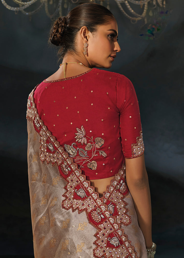 Buy Now Traditionally Beautiful Chiku Wedding Festive Designer Saree Online in US, UK, Canada, France, Germany, Denmark, Sweden, Italy &amp; Worldwide at Empress.