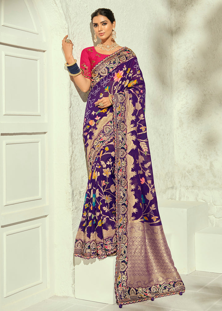 Buy Now Royal Blue Moti &amp; Cut-Dana Heavy Bandhej Saree Online in US, UK, Canada, France, Germany, Denmark, Sweden, Australia, Austria &amp; Worldwide at Empress.