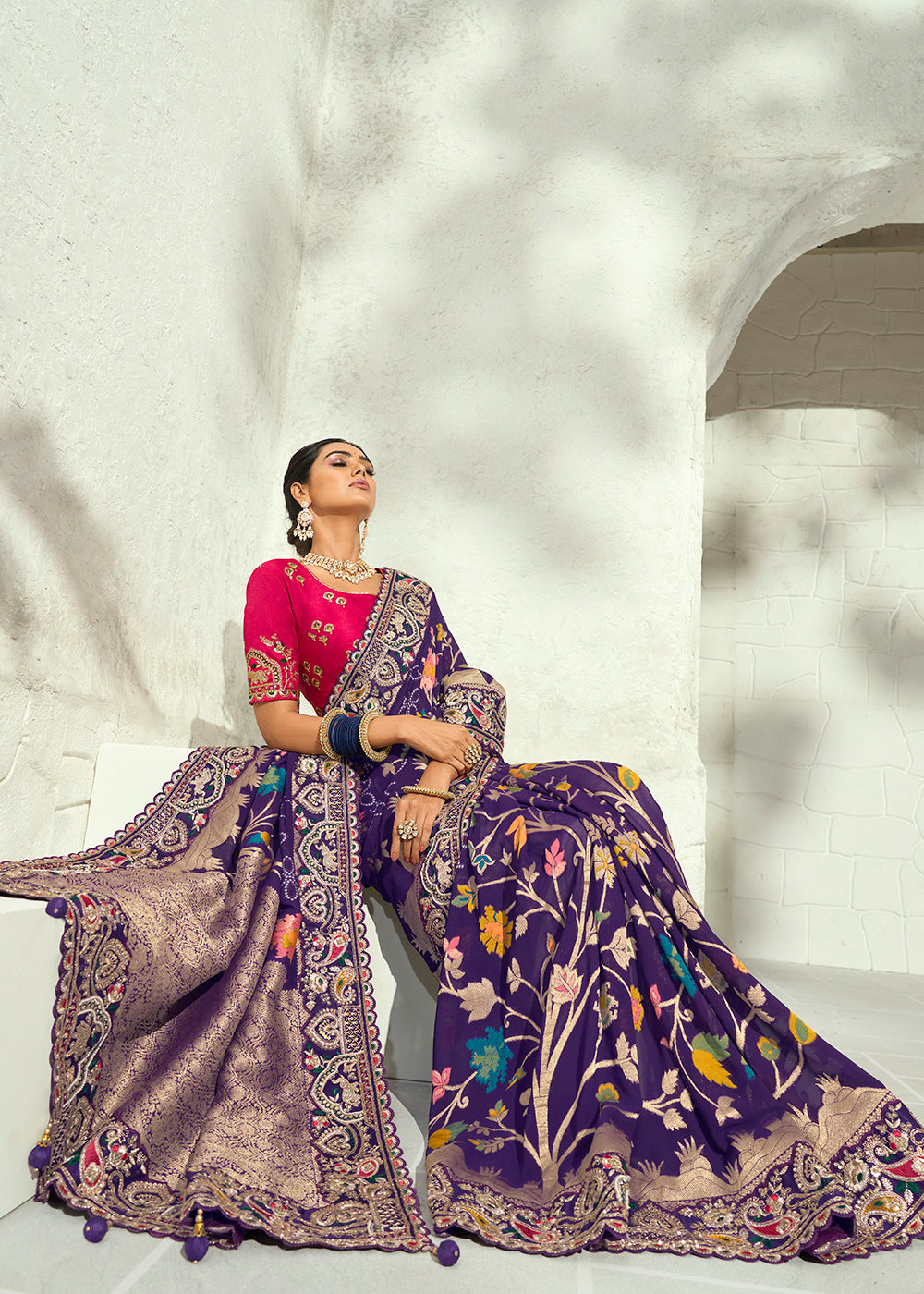 Buy Now Royal Blue Moti & Cut-Dana Heavy Bandhej Saree Online in US, UK, Canada, France, Germany, Denmark, Sweden, Australia, Austria & Worldwide at Empress.