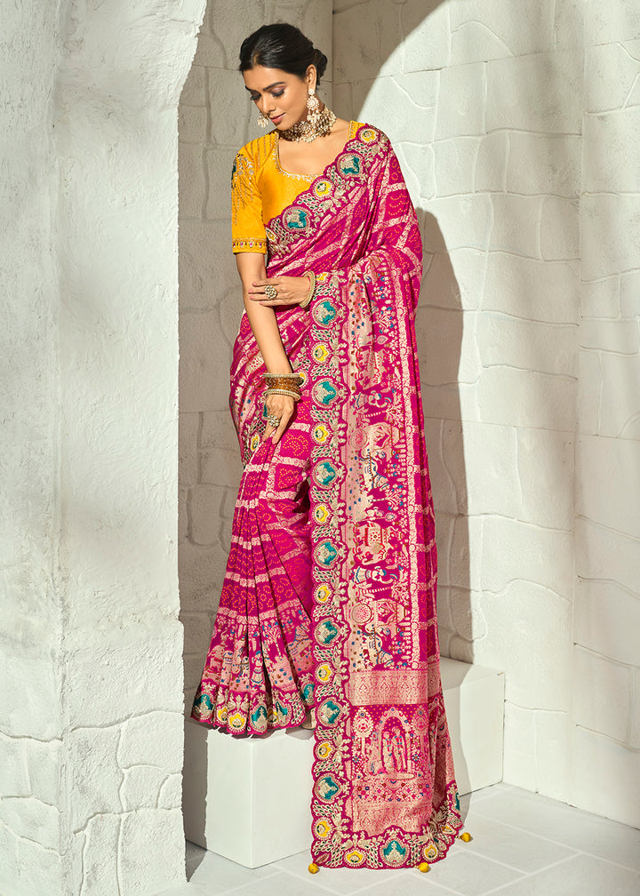 Buy Now Rani Pink Moti &amp; Cut-Dana Heavy Bandhej Saree Online in US, UK, Canada, France, Germany, Denmark, Sweden, Australia, Austria &amp; Worldwide at Empress.