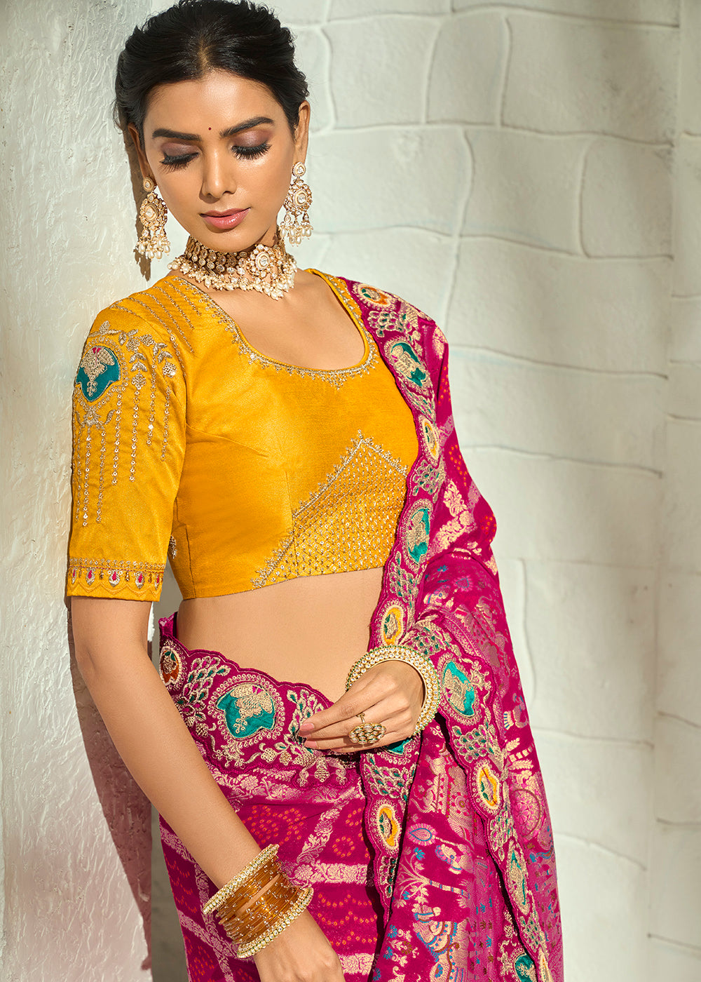 Buy Now Rani Pink Moti & Cut-Dana Heavy Bandhej Saree Online in US, UK, Canada, France, Germany, Denmark, Sweden, Australia, Austria & Worldwide at Empress.