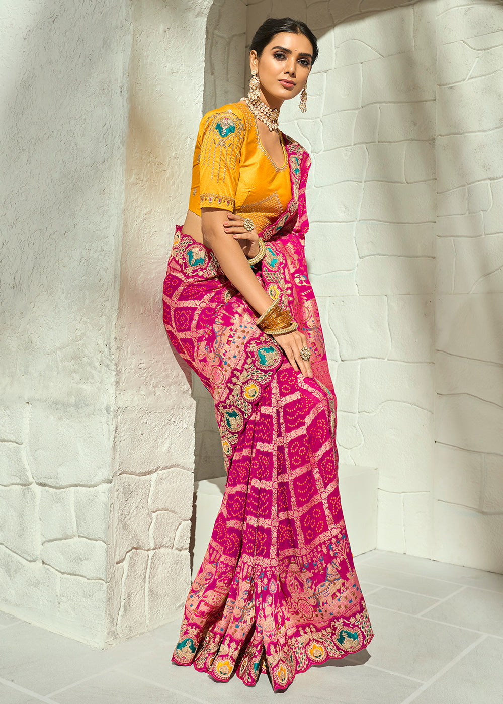Buy Now Rani Pink Moti &amp; Cut-Dana Heavy Bandhej Saree Online in US, UK, Canada, France, Germany, Denmark, Sweden, Australia, Austria &amp; Worldwide at Empress.