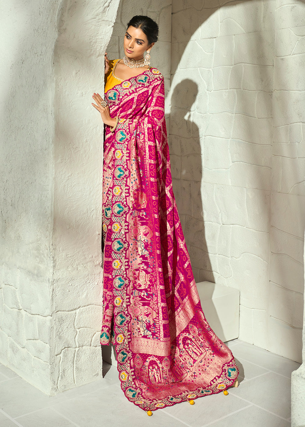 Buy Now Rani Pink Moti &amp; Cut-Dana Heavy Bandhej Saree Online in US, UK, Canada, France, Germany, Denmark, Sweden, Australia, Austria &amp; Worldwide at Empress.