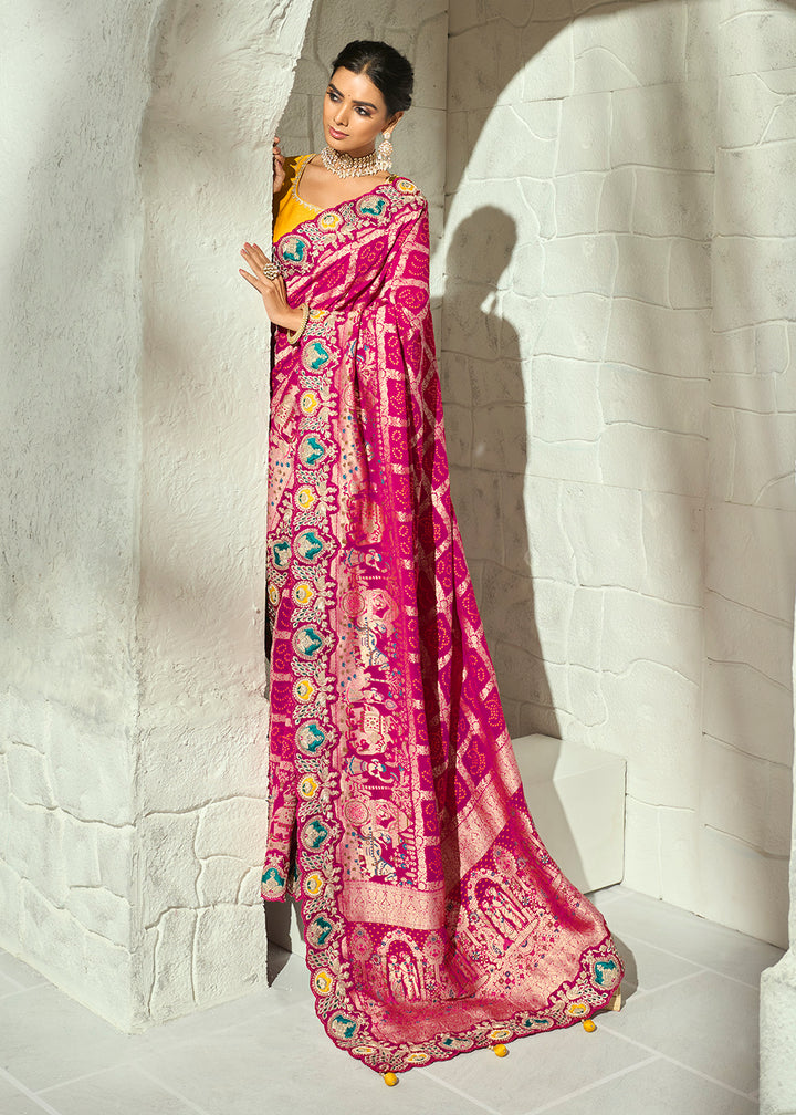 Buy Now Rani Pink Moti &amp; Cut-Dana Heavy Bandhej Saree Online in US, UK, Canada, France, Germany, Denmark, Sweden, Australia, Austria &amp; Worldwide at Empress.
