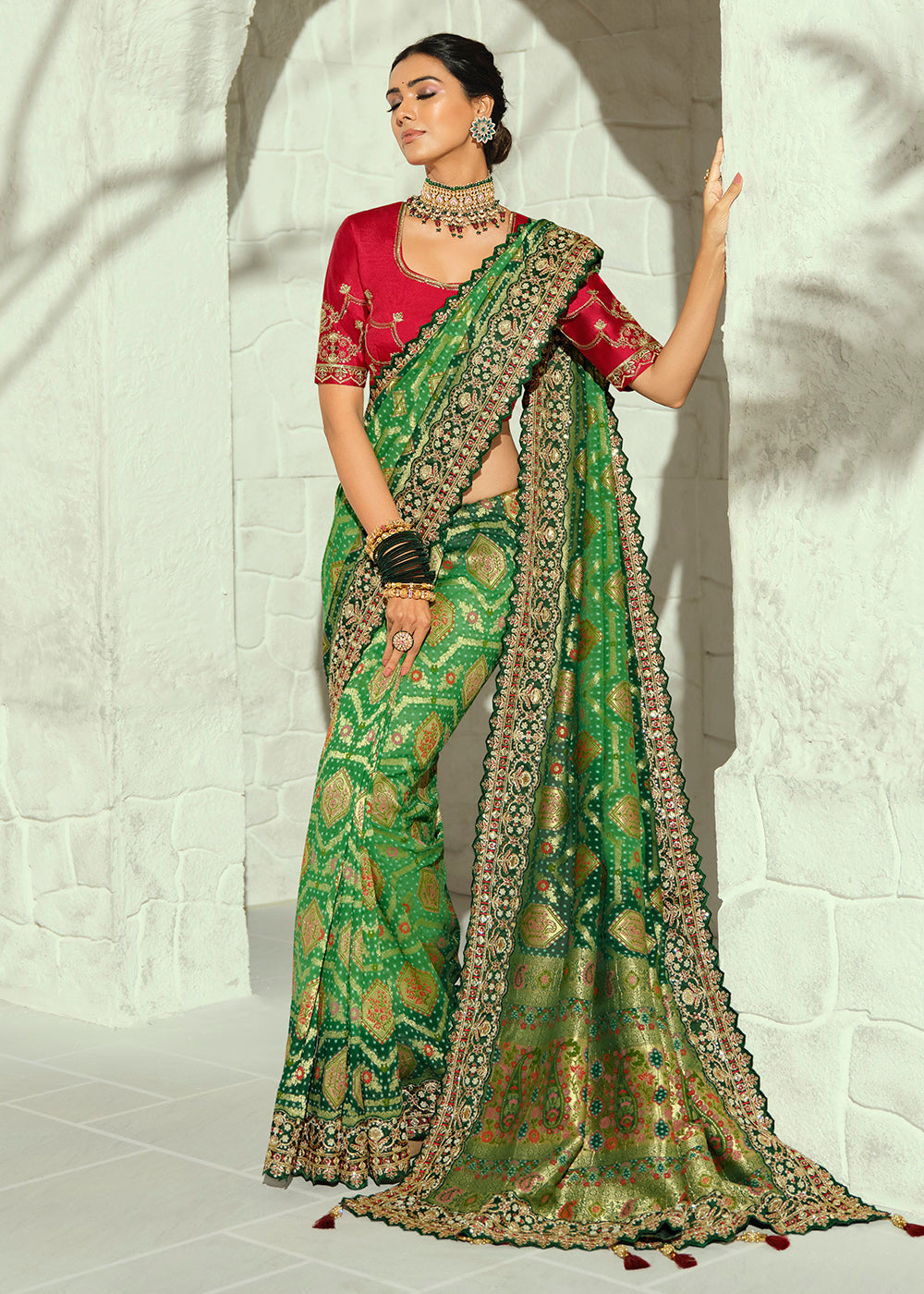 Buy Now Green Moti & Cut-Dana Heavy Bandhej Saree Online in US, UK, Canada, France, Germany, Denmark, Sweden, Australia, Austria, UAE & Worldwide at Empress.
