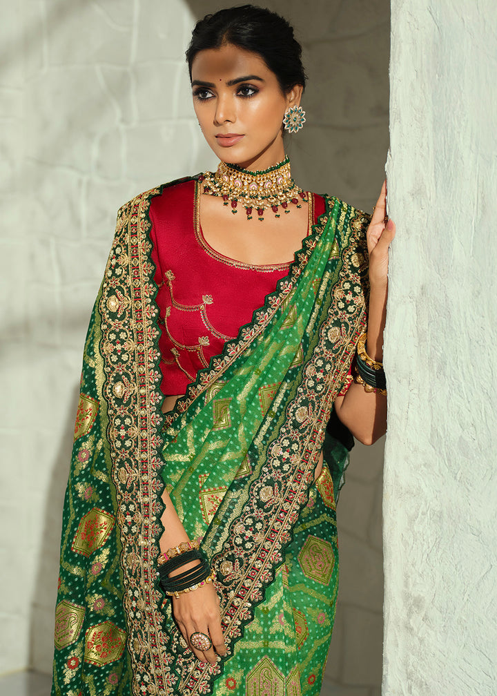 Buy Now Green Moti &amp; Cut-Dana Heavy Bandhej Saree Online in US, UK, Canada, France, Germany, Denmark, Sweden, Australia, Austria, UAE &amp; Worldwide at Empress.