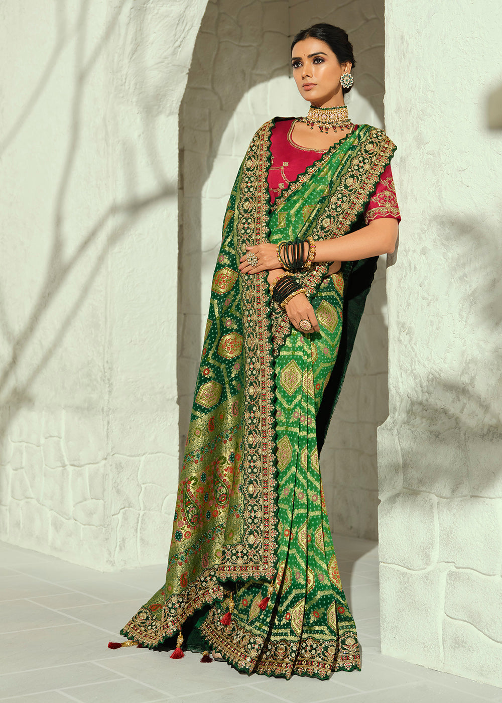 Buy Now Green Moti &amp; Cut-Dana Heavy Bandhej Saree Online in US, UK, Canada, France, Germany, Denmark, Sweden, Australia, Austria, UAE &amp; Worldwide at Empress.