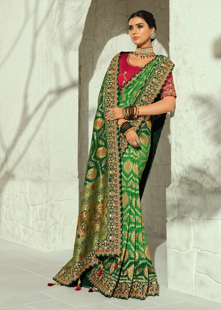 Buy Now Green Moti &amp; Cut-Dana Heavy Bandhej Saree Online in US, UK, Canada, France, Germany, Denmark, Sweden, Australia, Austria, UAE &amp; Worldwide at Empress.