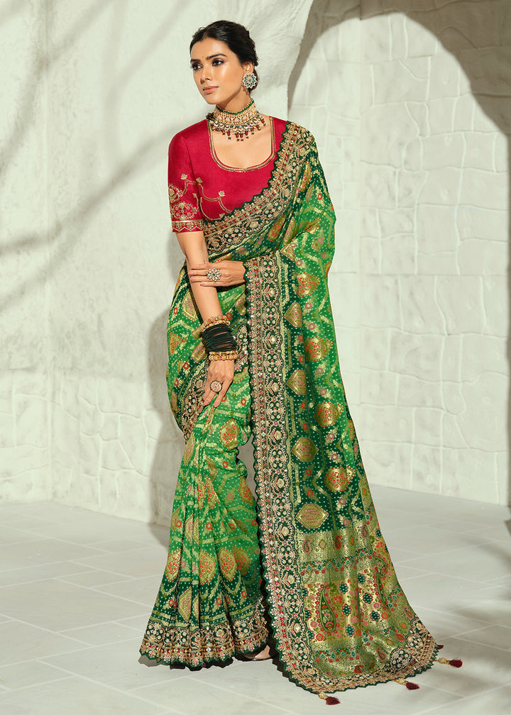 Buy Now Green Moti &amp; Cut-Dana Heavy Bandhej Saree Online in US, UK, Canada, France, Germany, Denmark, Sweden, Australia, Austria, UAE &amp; Worldwide at Empress.