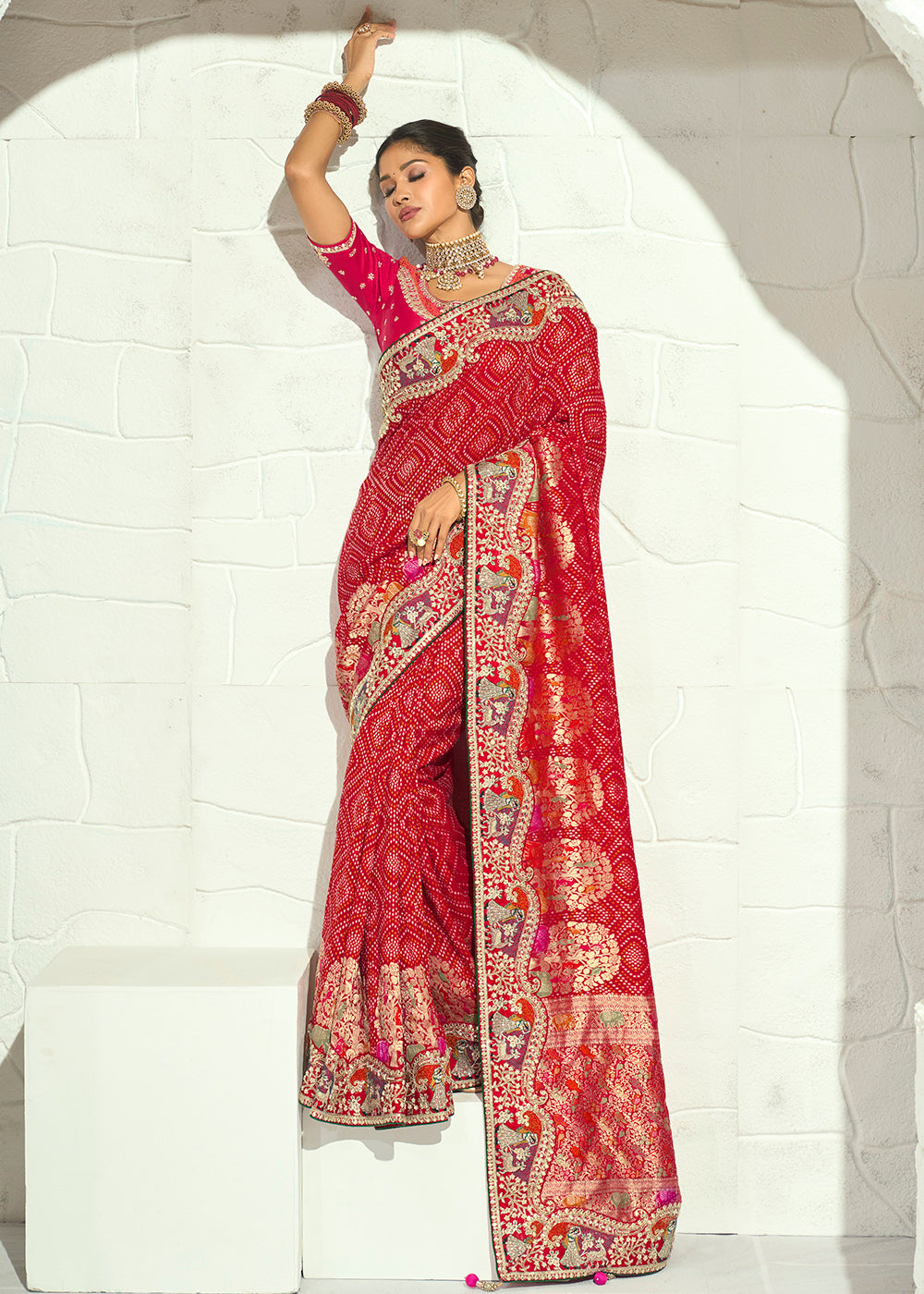 Buy Now Red Moti & Cut-Dana Heavy Bandhej Saree Online in US, UK, Canada, France, Germany, Denmark, Sweden, Australia, Austria, UAE & Worldwide at Empress.