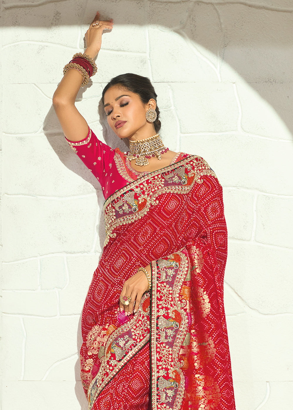 Buy Now Red Moti &amp; Cut-Dana Heavy Bandhej Saree Online in US, UK, Canada, France, Germany, Denmark, Sweden, Australia, Austria, UAE &amp; Worldwide at Empress.