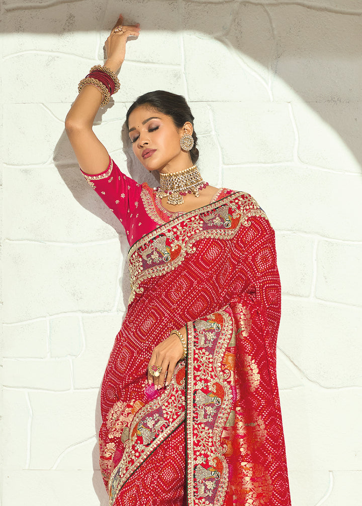 Buy Now Red Moti &amp; Cut-Dana Heavy Bandhej Saree Online in US, UK, Canada, France, Germany, Denmark, Sweden, Australia, Austria, UAE &amp; Worldwide at Empress.