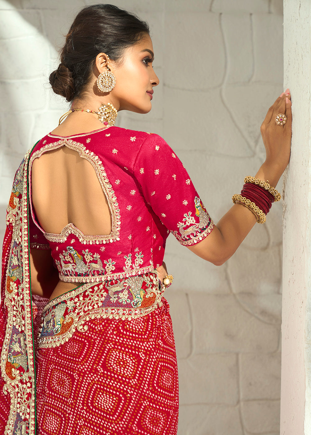 Buy Now Red Moti &amp; Cut-Dana Heavy Bandhej Saree Online in US, UK, Canada, France, Germany, Denmark, Sweden, Australia, Austria, UAE &amp; Worldwide at Empress.